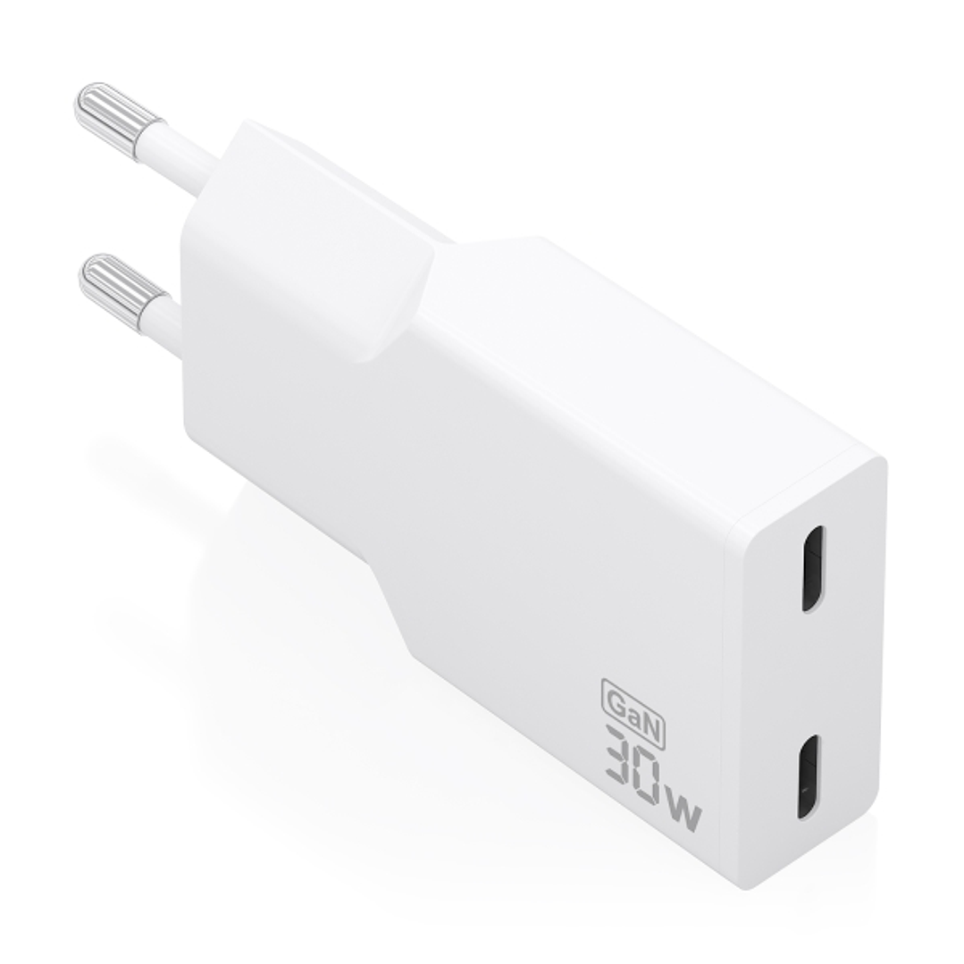 Aisens Cargador de Pared - 30W - GaN - 2xUSB-C - Power Delivery 3.0 - Ultra Delgado - Multiples Protecciones de Seguridad - Color Blanco 1