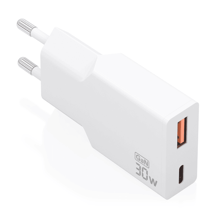 Aisens Cargador de Pared - 30W - GaN - 1xUSB-C - 1xUSB-A - Power Delivery 3.0 - Ultra Delgado - Multiples Protecciones de Seguridad - Color Blanco 1