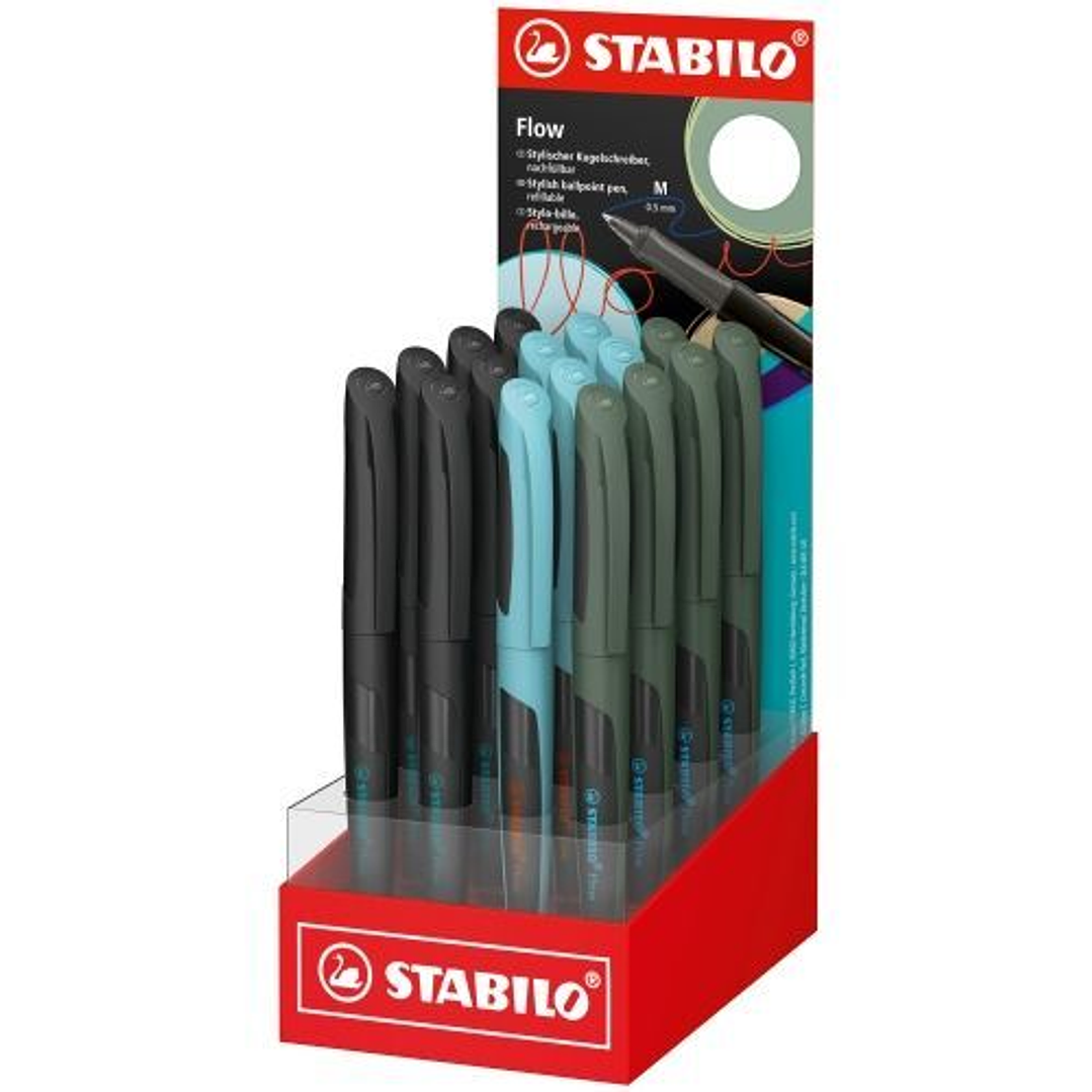 Stabilo Flow Expositor con 16 Boligrafos - Trazo 0.5mm - Agarre Ergonomico - Recargable - Tinta Color Azul - Cuerpo en 3 Colores Surtidos 1