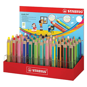 Stabilo Woody 3 en 1 Expositor con 48 Lapices de Colores - 26 Woody 3 en1, 8 Woddy 3 en 1 Pastel y 14 Woddy 3 en 1 Duo - Lapiz de Color, Cera y Acuare