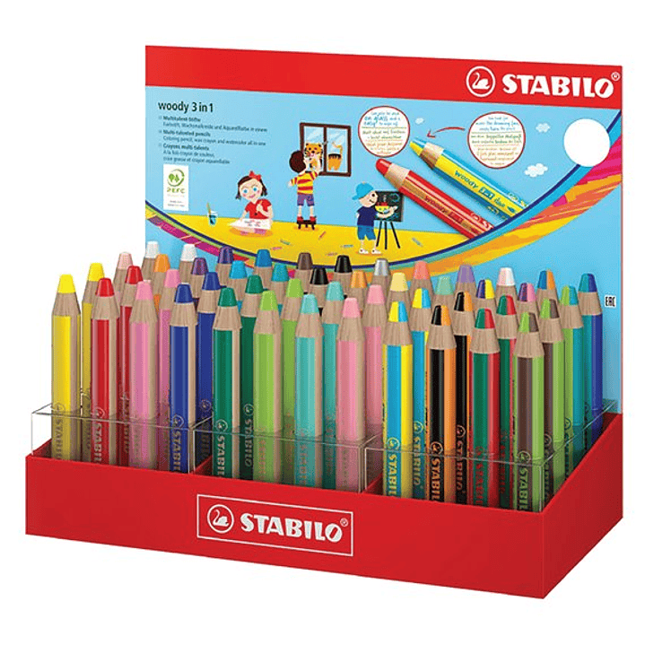 Stabilo Woody 3 en 1 Expositor con 48 Lapices de Colores - 26 Woody 3 en1, 8 Woddy 3 en 1 Pastel y 14 Woddy 3 en 1 Duo - Lapiz de Color, Cera y Acuare 1