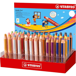 Stabilo Woody 3 en 1 Expositor con 48 Lapices de Colores - Lapiz de Color, Cera y Acuarela, Todo en Uno - Mina XXL 10mm - Colores Surtidos