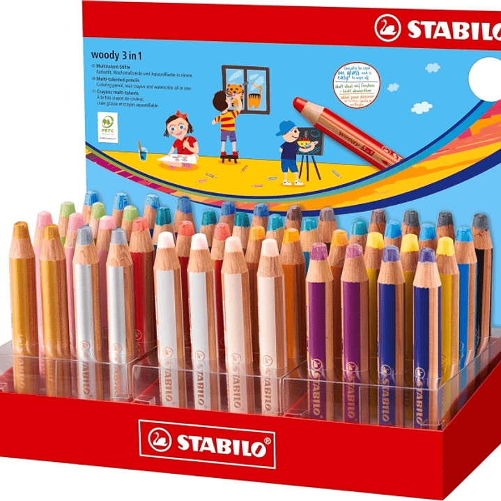 Stabilo Woody 3 en 1 Expositor con 48 Lapices de Colores - Lapiz de Color, Cera y Acuarela, Todo en Uno - Mina XXL 10mm - Colores Surtidos 1
