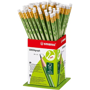 Stabilo GREENgraph Expositor con 60 Lapices de Grafito con Goma - Mina HB 2.2mm - 100% Madera Cultivada de Forma Sostenible - Cuerpo de Color Verde