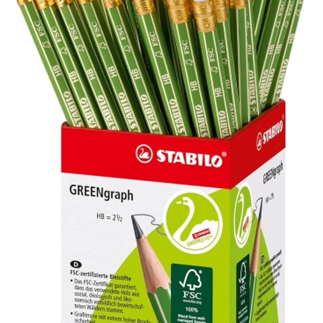 Stabilo GREENgraph Expositor con 60 Lapices de Grafito con Goma - Mina HB 2.2mm - 100% Madera Cultivada de Forma Sostenible - Cuerpo de Color Verde 1