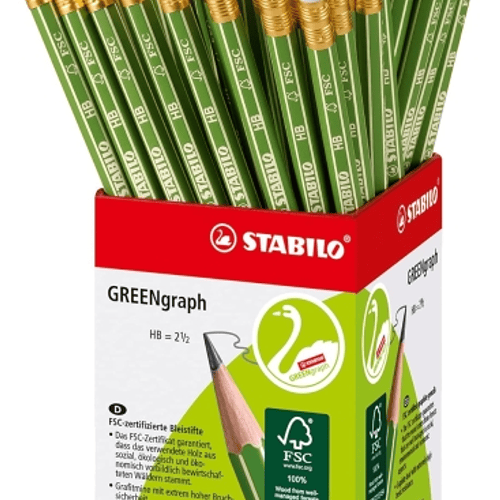 Stabilo GREENgraph Expositor con 60 Lapices de Grafito con Goma - Mina HB 2.2mm - 100% Madera Cultivada de Forma Sostenible - Cuerpo de Color Verde 1