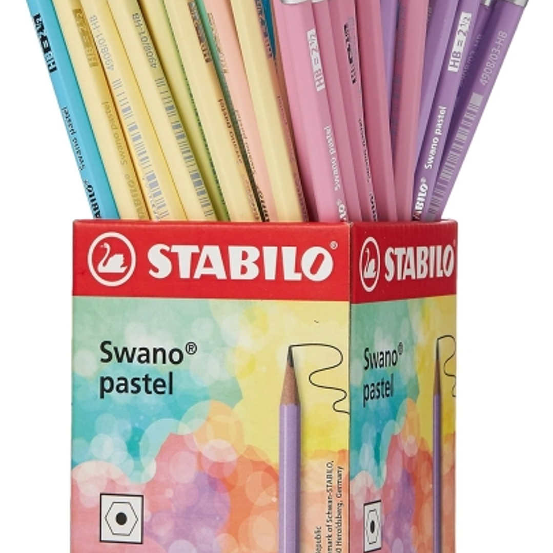 Stabilo Swano Pastel Expositor con 72 Lapices de Grafito HB de 2.2mm con Goma - Mina Antirrotura - Forma Hexagonal - Colores Pastel 1