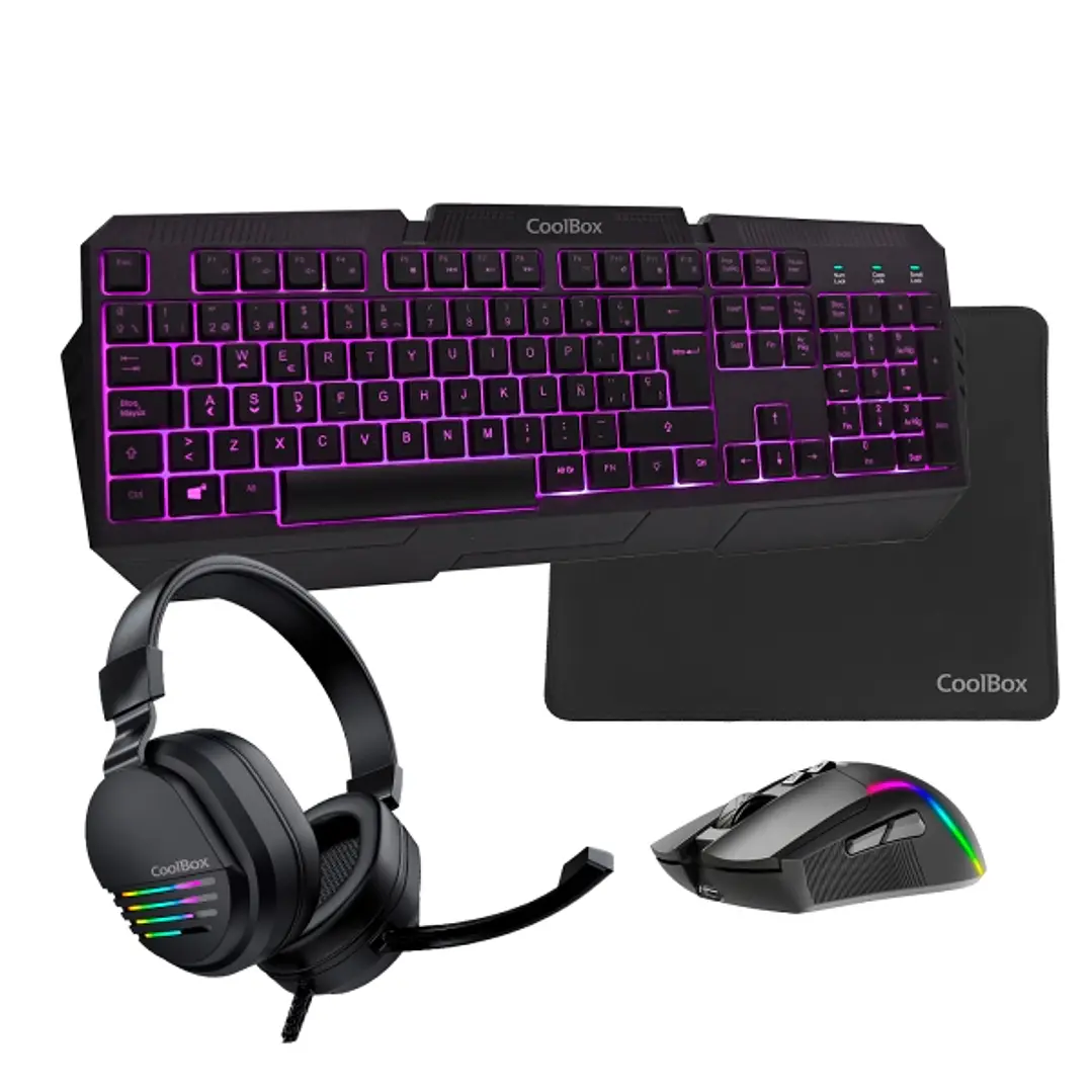 Coolbox Gaming XWing2 Pack Gaming Teclado USB + Raton USB 7200dpi + Auriculares Jack 3.5mm + Alfombrilla - Iluminacion LED en 3 colores - Color Negro 1