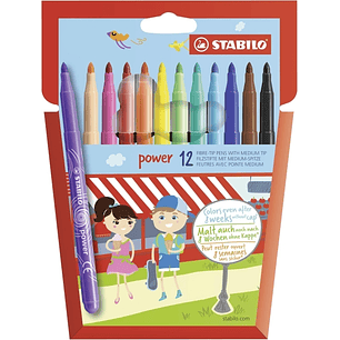 Stabilo Power Pack con 12 Rotuladores de Colores - Punta Media de 2mm - Tinta Lavable - Capuchon Ventilado - Colores Surtidos
