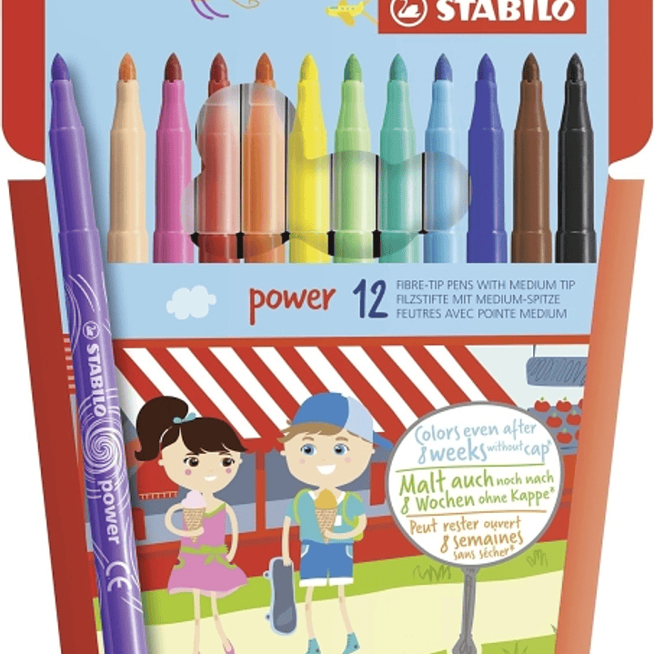 Stabilo Power Pack con 12 Rotuladores de Colores - Punta Media de 2mm - Tinta Lavable - Capuchon Ventilado - Colores Surtidos 1