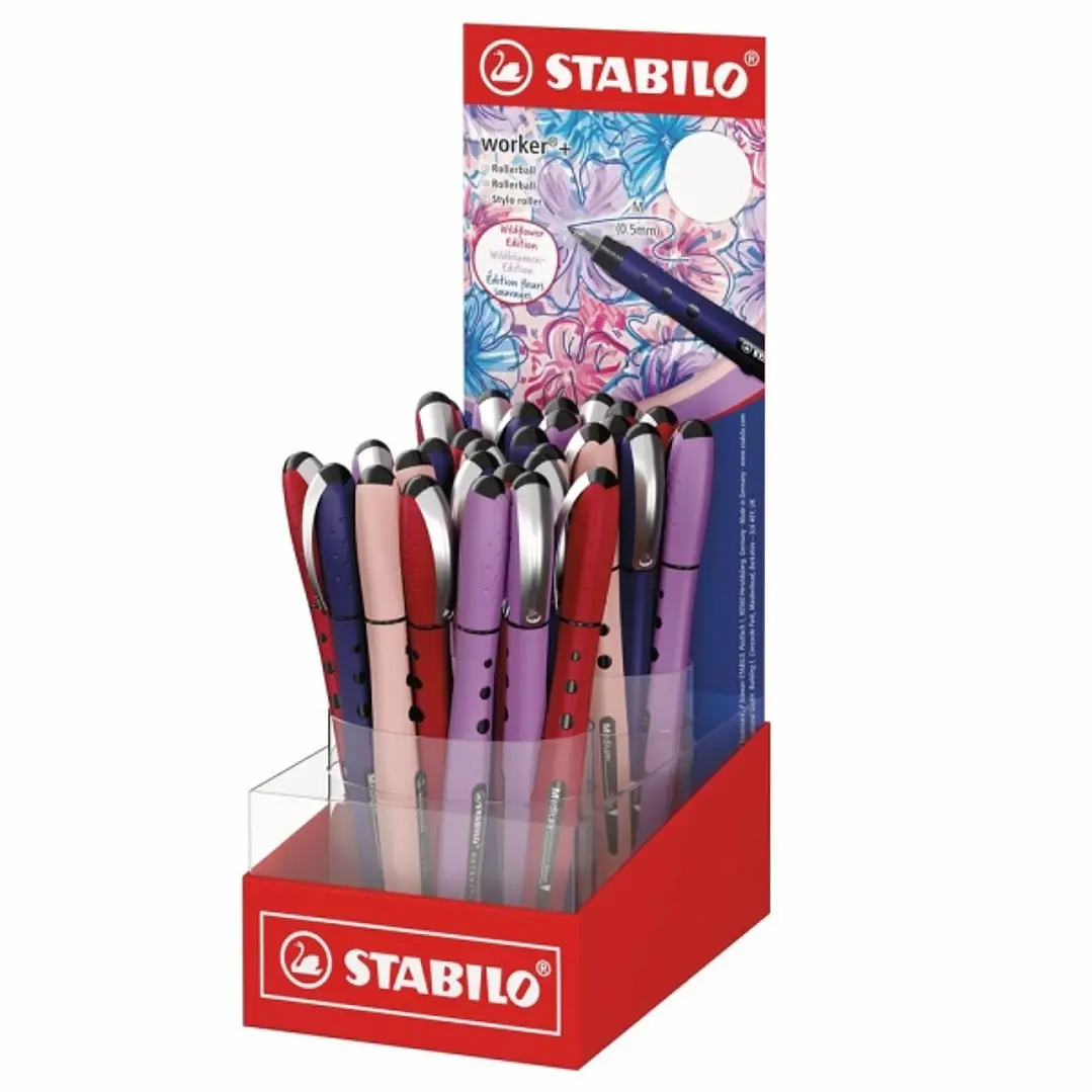 Stabilo Worker+ Naturecolors Wildflower Expositor con 30 Boligrafos de Tinta Liquida - Trazo 0.5mm - Escritura Suave y Precisa - Tinta Color Azul - Cu 1