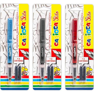 Carioca Pack de 1 Pluma Estilografica + 2 Cartuchos - Cartuchos Estandar de Tinta Azul - Escritura Suave y Precisa - Colores del Cuerpo Surtidos Aleat