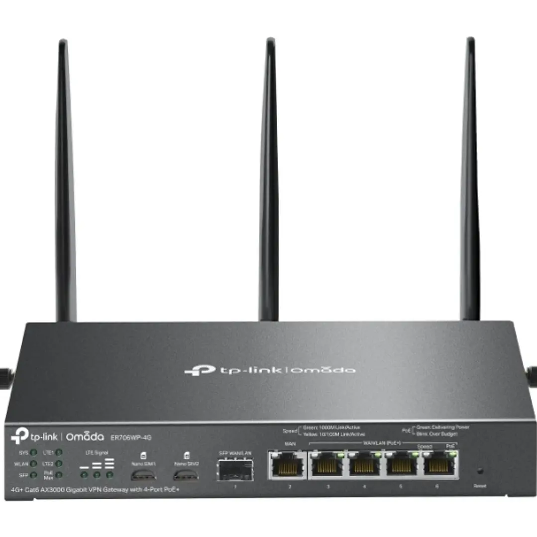 TP-Link Omada ER706WP-4G Router de Doble Banda NAT - WiFi hasta 3Gbps - Ethernet - VPN - 1Gbps SFP - 1Gbps WAN - 4x1Gbps LAN - Balanceo de Carga - Ant 1