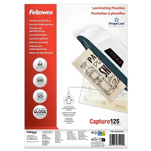 Fellowes Imagelast Pack de 500 Fundas para Plastificar - Formato A4 - Efecto Brillo - 125 micras - Flechas Indicadoras de Direccion - Transparente