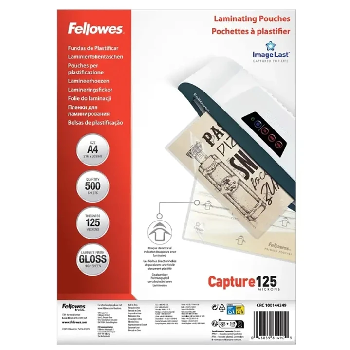 Fellowes Imagelast Pack de 500 Fundas para Plastificar - Formato A4 - Efecto Brillo - 125 micras - Flechas Indicadoras de Direccion - Transparente 1