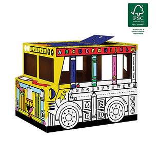Fellowes Bus Escolar XL para Pintar - Carton Corrugado FSC - Puertas y Ventanas Interactivas - Bordes Redondeados - Montaje sin Adhesivos - 78.74x83.8