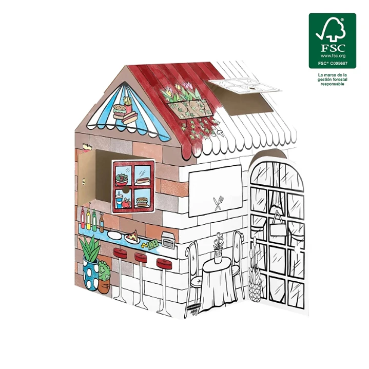 Fellowes Casa XL para Pintar - Carton Corrugado FSC - Puertas y Ventanas Interactivas - Montaje sin Adhesivos - 96.5x81.3x121.3cm - Color Blanco y Neg 1