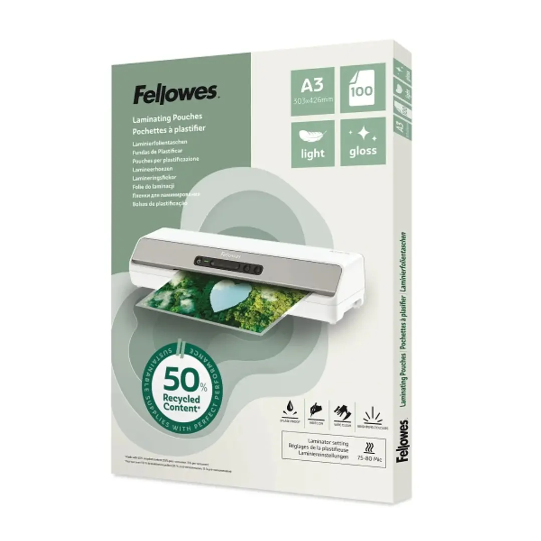 Fellowes Pack de 100 Fundas para Plastificar - Formato A3 - 80 micras - Efecto Brillo - Fabricado con 50% Material Reciclado - Transparente 1
