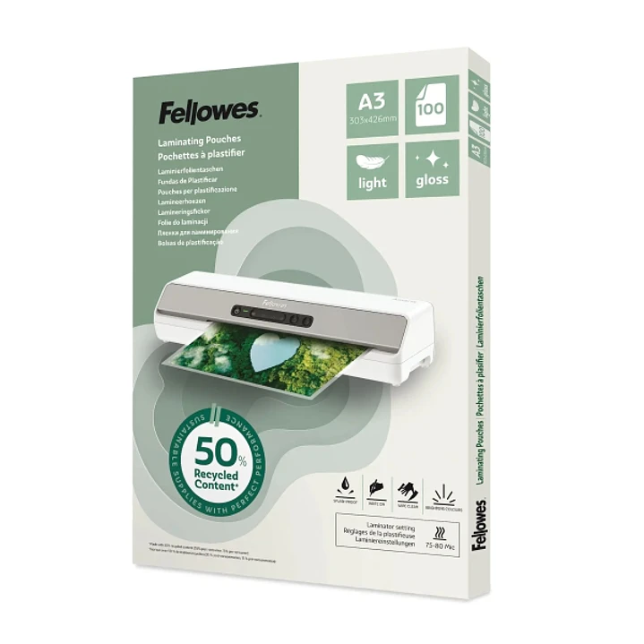 Fellowes Pack de 100 Fundas para Plastificar - Formato A3 - 80 micras - Efecto Brillo - Fabricado con 50% Material Reciclado - Transparente 1