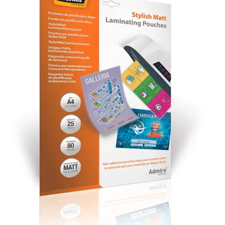 Fellowes Admire Pack de 25 Fundas para Plastificar - Formato A4 - Efecto Mate Antirreflejos - 80 micras - Transparente 1