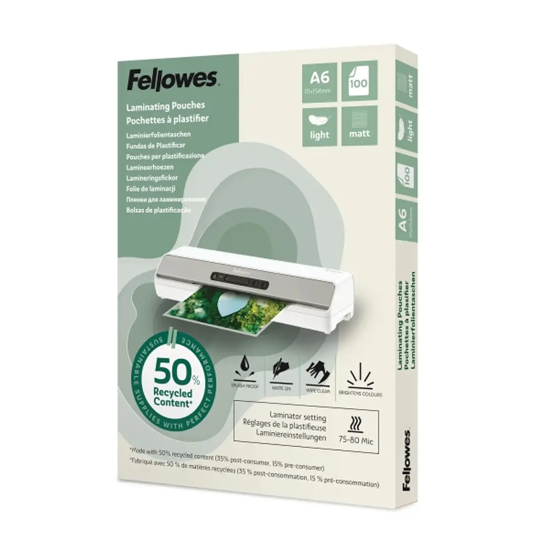 Fellowes Pack de 100 Fundas para Plastificar - Formato A6 - 80 micras - Efecto Mate - Fabricado con 50% Material Reciclado - Transparente 1