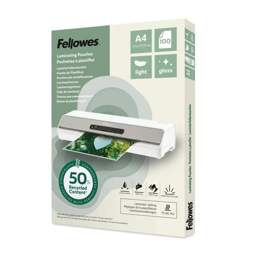 Fellowes Pack de 100 Fundas para Plastificar - Formato A4 - 80 micras - Efecto Brillo - Fabricado con 50% Material Reciclado - Transparente 1
