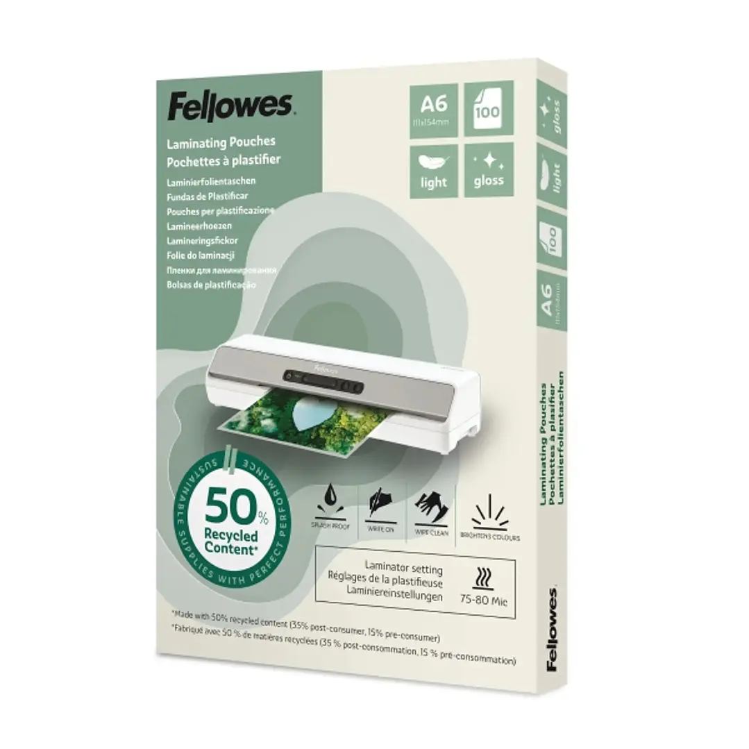 Fellowes Pack de 100 Fundas para Plastificar - Formato A6 - 80 micras - Efecto Brillo - Fabricado con 50% Material Reciclado - Transparente 1