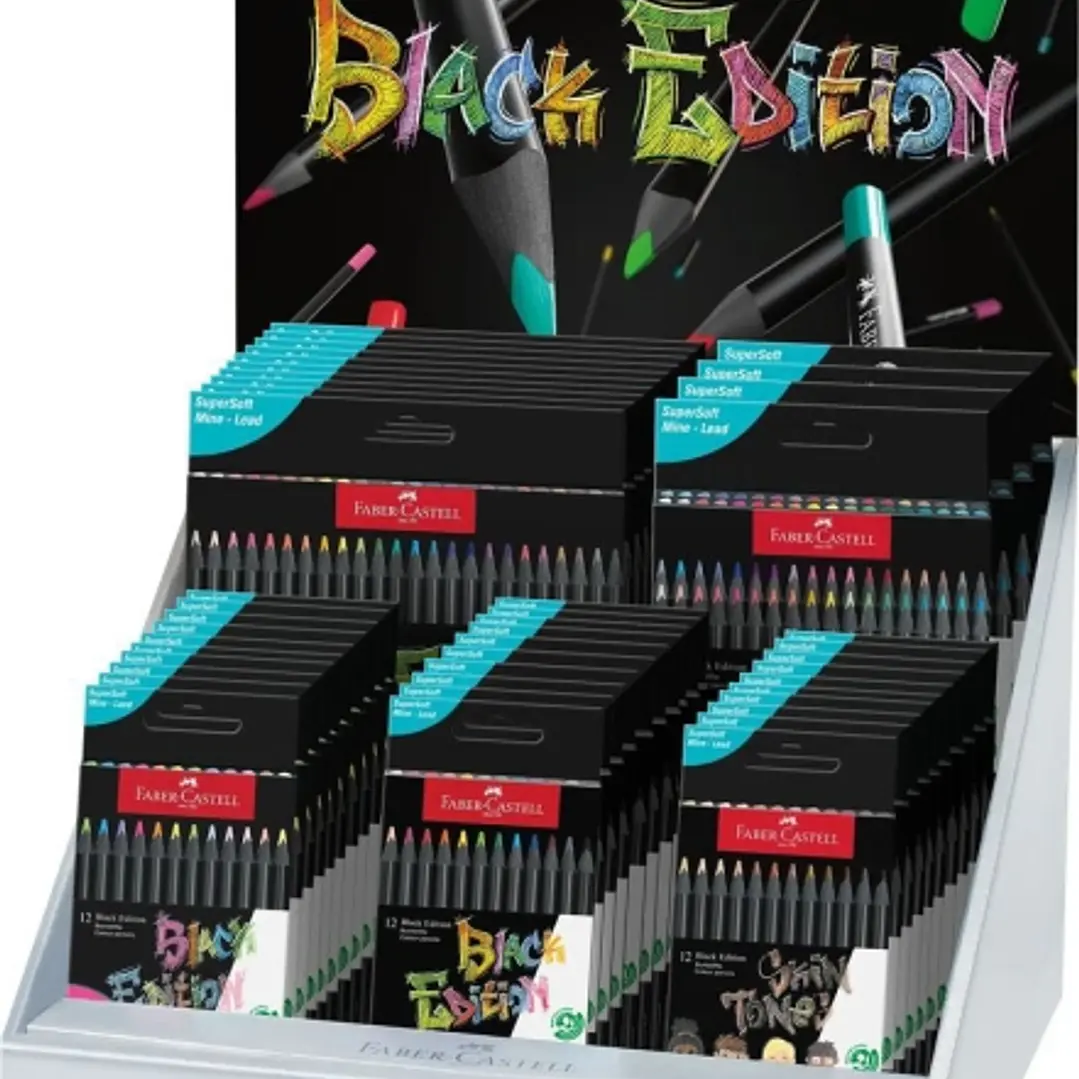 Faber-Castell Black Edition Expositor con 44 Estuches Surtidos de Lapices de Colores - Mina Supersuave - Madera Negra - Ideales para Dibujo sobre Pape 1