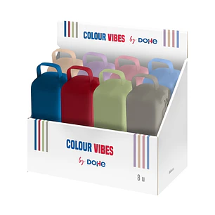 Dohe Colour Vibes Expositor con 8 Portatodo - Cremallera - Tirador de Goma - Silicona de Tacto Suave - Asa Lateral - Colores Surtidos