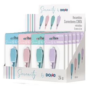 Dohe Serenity Expositor con 24 Recambios de Cinta Correctora - 5mm x 6m - Retractil - Colores Surtidos