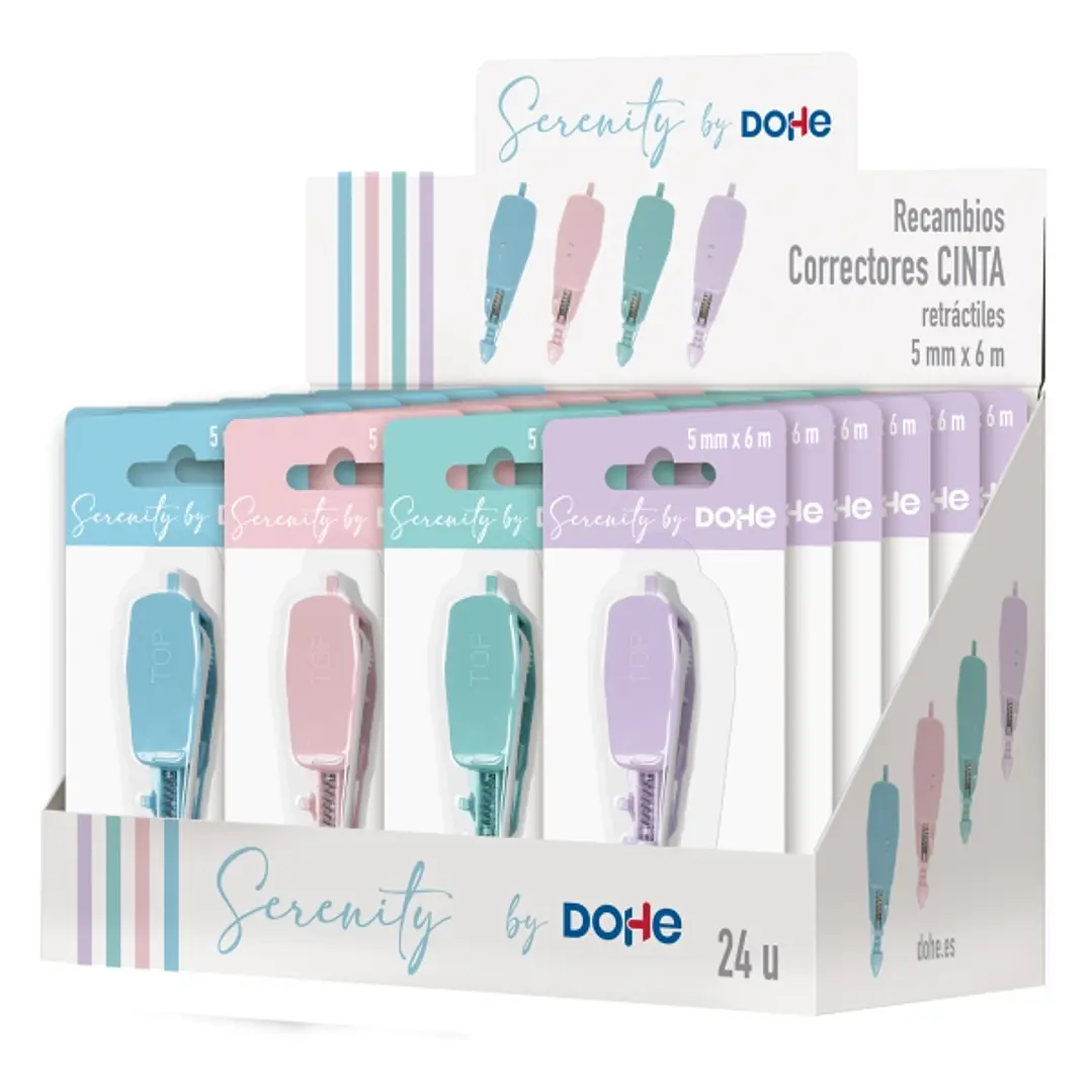 Dohe Serenity Expositor con 24 Recambios de Cinta Correctora - 5mm x 6m - Retractil - Colores Surtidos 1