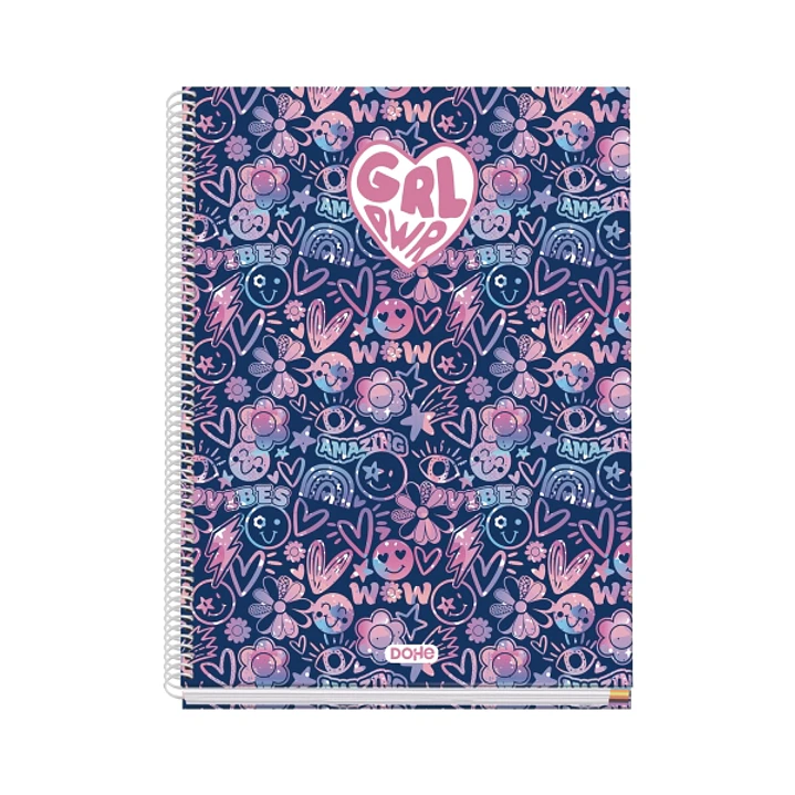 Dohe Girl Power Cuaderno de Espiral Metalica - Formato A4 - 100 Hojas Offset de 90g - 5x5mm - Microperforadas - Banda de Color - Tapa Dura Plastificad 1