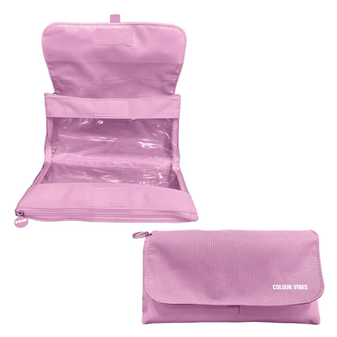 Dohe Vibes Portatodo Doble - Solapa con Bolsillo Interior - Cremallera - Ventanas Transparentes - Poliester - 22x11x6cm - Color Rosa 1