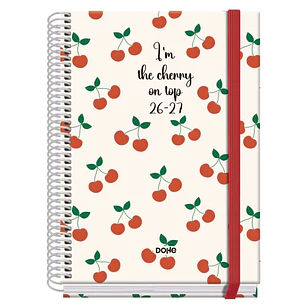 Dohe Prime Cerezas Agenda Escolar 26/27 - Formato A5 - Dia Pagina - Papel Offset Ahuesado 70g - Cubierta de Carton Plastificado - Espiral - Goma - 15x