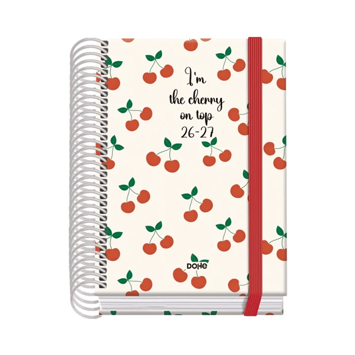 Dohe Prime Cerezas Agenda Escolar 26/27 - Formato A6 - Dia Pagina - Papel Offset Ahuesado 70g - Cubierta de Carton Plastificado - Espiral - Goma - 12x 1