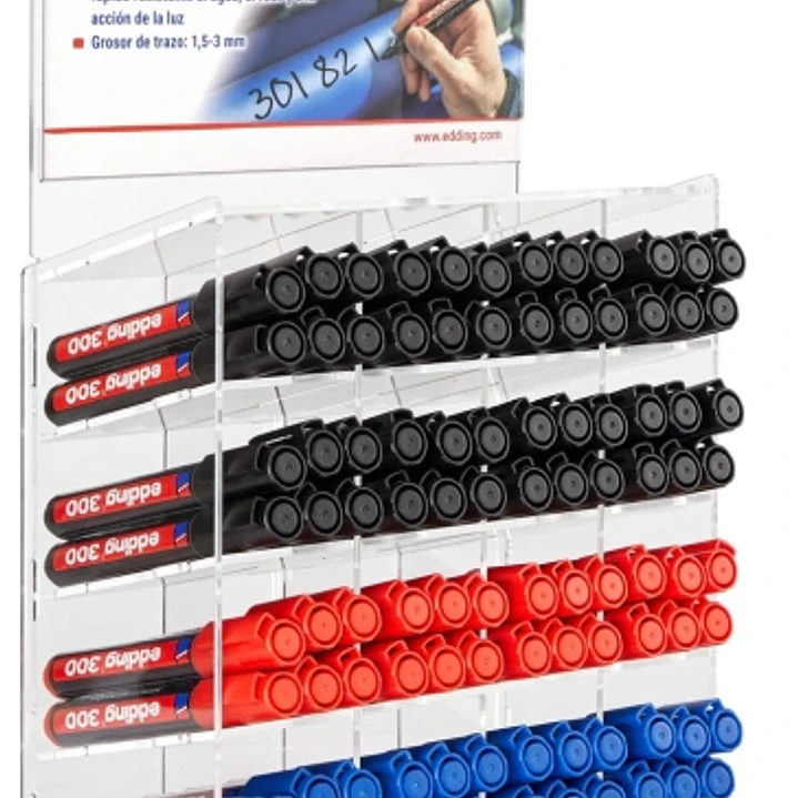 Edding 300 Expositor de 96 Rotuladores Permanentes - Punta Redonda - Trazo entre 1.5 y 3mm - Tinta Casi Inodora - Capuchon con Clip - Secado Rapido -  1