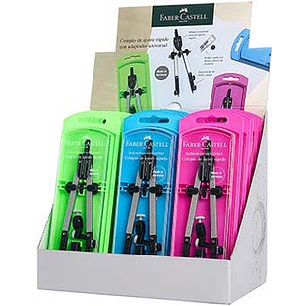 Faber-Castell Expositor de 15 Compases de Ajuste con Tornillo Central - Articulaciones en ambos Brazos - Adaptador Universal - Bote con Minas