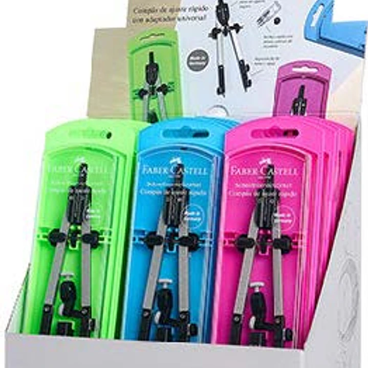 Faber-Castell Expositor de 15 Compases de Ajuste con Tornillo Central - Articulaciones en ambos Brazos - Adaptador Universal - Bote con Minas 1