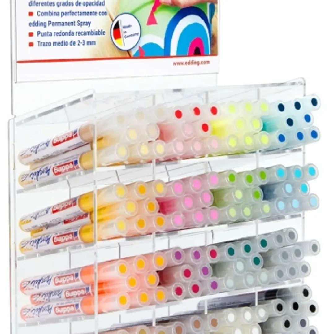Edding 5100 Acrylic Expositor con 132 Rotuladores Permanentes Acrilicos - Punta Redonda 2-3mm - Trazo Medio - Resistente a la Luz - Secado Rapido - Co 1