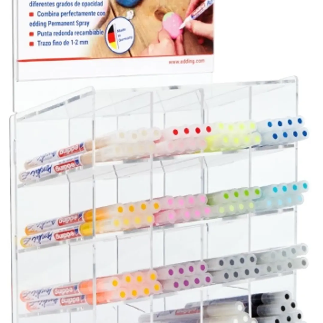 Edding 5300 Acrylic Expositor con 137 Rotuladores Permanentes Acrilicos - Punta Biselada 1-2mm - Trazo Fino - Resistente a la Luz - Secado Rapido - Co 1
