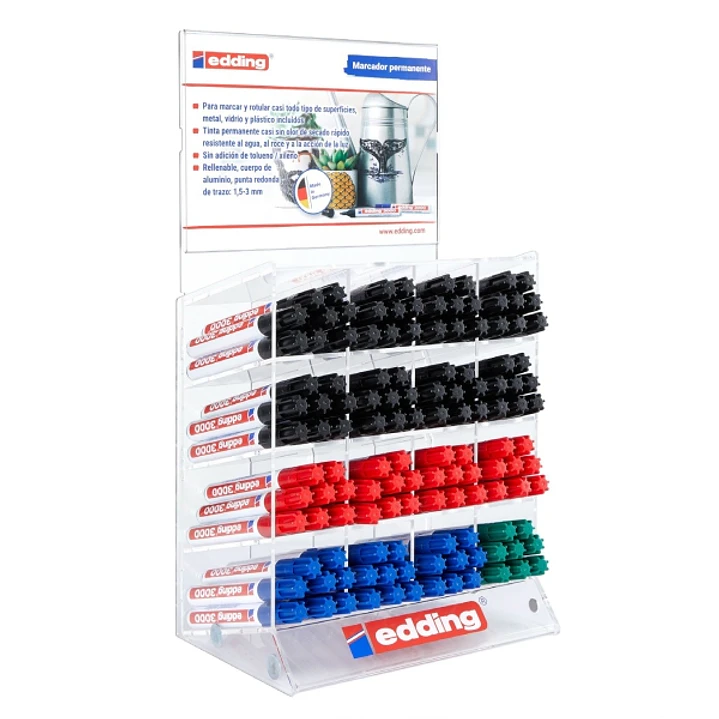 Edding 3000 Expositor con 128 Rotuladores Permanentes - Punta Redonda de 1.5mm - Trazo entre 1.5 y 3mm - Recargable - Secado Rapido - Colores Negro, A 1