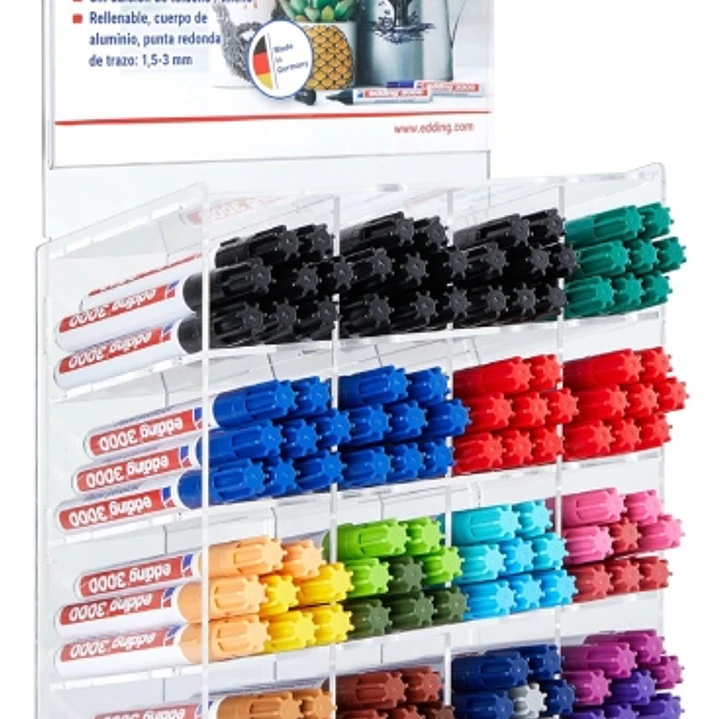 Edding 3000 Expositor con 128 Rotuladores Permanentes - Punta Redonda de 1.5mm - Trazo entre 1.5 y 3mm - Recargable - Secado Rapido - Colores Surtidos 1