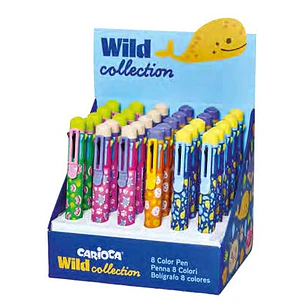 Carioca Wild Collection Expositor con 30 Boligrafos de 8 Colores - Punta 1mm - Divertidos Diseños de Animales - Clip de Sujeccion