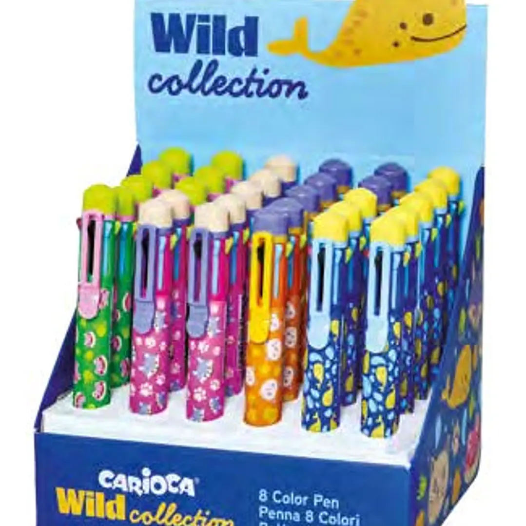 Carioca Wild Collection Expositor con 30 Boligrafos de 8 Colores - Punta 1mm - Divertidos Diseños de Animales - Clip de Sujeccion 1