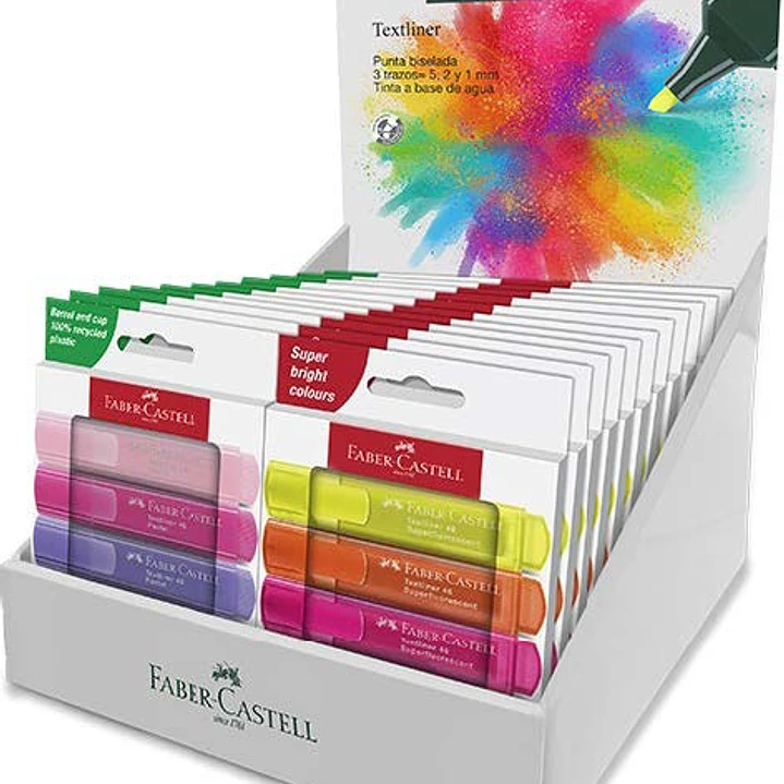 Faber-Castell Textliner 46 Expositor con 11 Packs de 4 Marcadores Neon y 11 Packs de 4 Marcadores Pastel - Punta Biselada - Trazo entre 1mm y 5mm - Ti 1