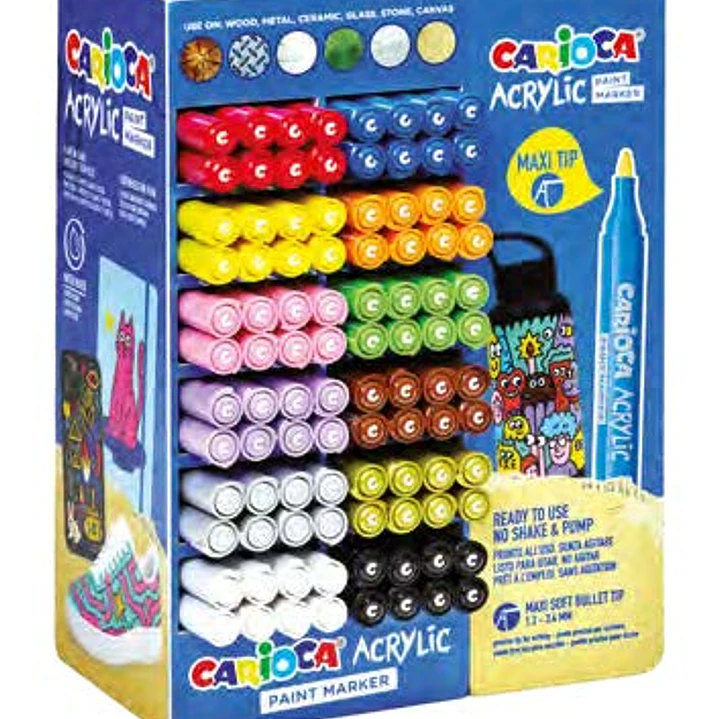 Carioca Acrylic Expositor con 96 Marcadores de Pintura Acrilica - Punta Maxi - Tinta a Base de Agua - Alta Cobertura - Colores Surtidos 1