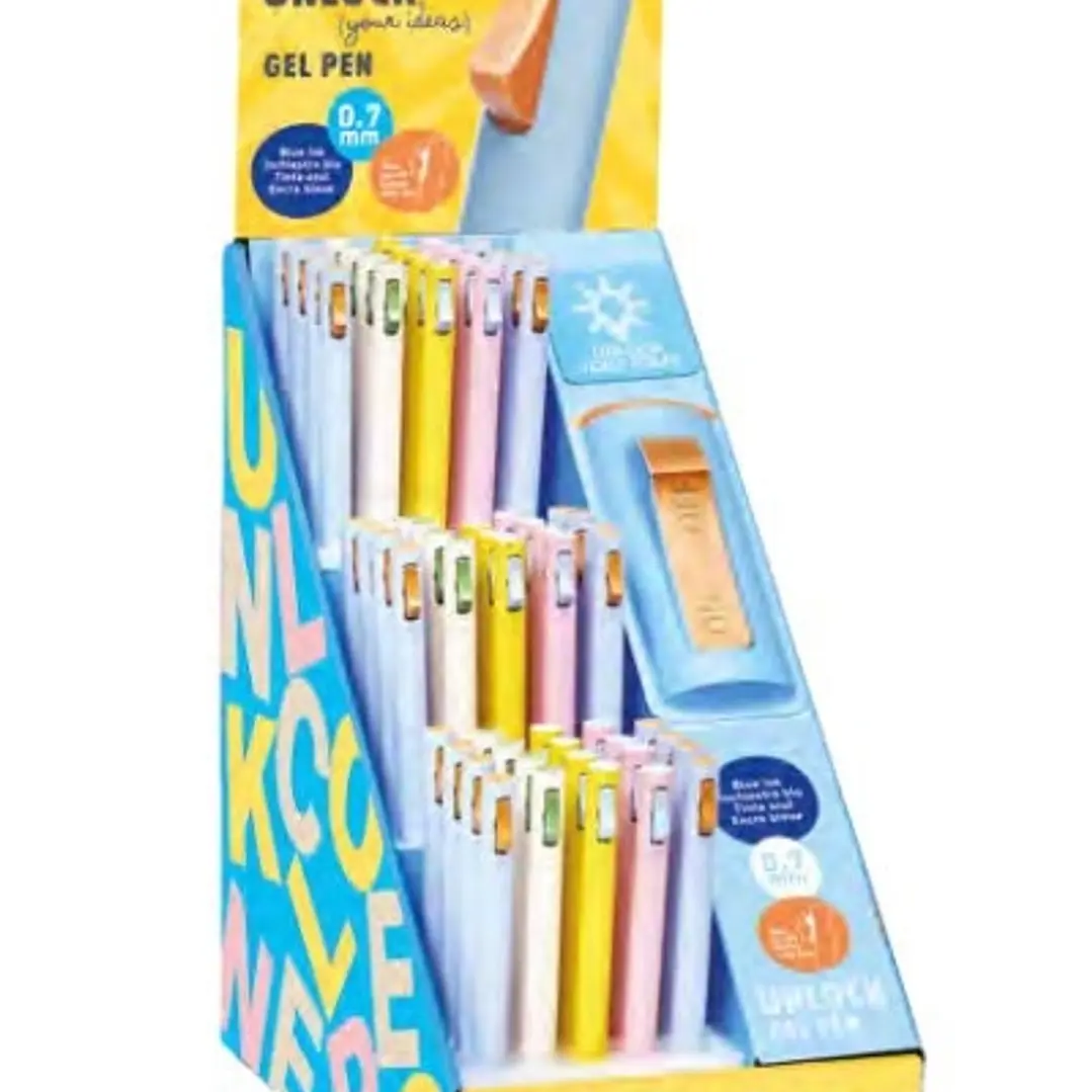 Carioca Unlock Gel Expositor con 60 Boligrafos de Tinta Gel Retractiles - Punta 0.7mm - Mecanismo de Clic Patentado - Tinta Color Azul - Cuerpo de Dif 1