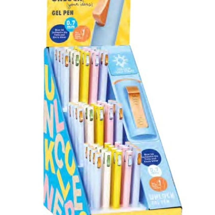 Carioca Unlock Gel Expositor con 60 Boligrafos de Tinta Gel Retractiles - Punta 0.7mm - Mecanismo de Clic Patentado - Tinta Color Azul - Cuerpo de Dif 1