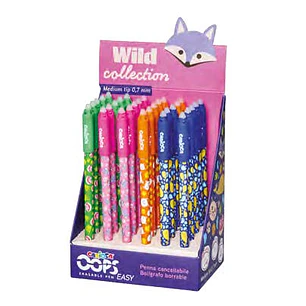 Carioca Wild Collection Oops Expositor con 30 Boligrafos Borrables - Punta 0.7mm - Divertidos Diseños de Animales