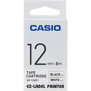 Casio XR-12WE Cinta de Etiquetas Original para Rotuladora - Texto Negro sobre Fondo Blanco - Ancho 12mm x Largo 8m